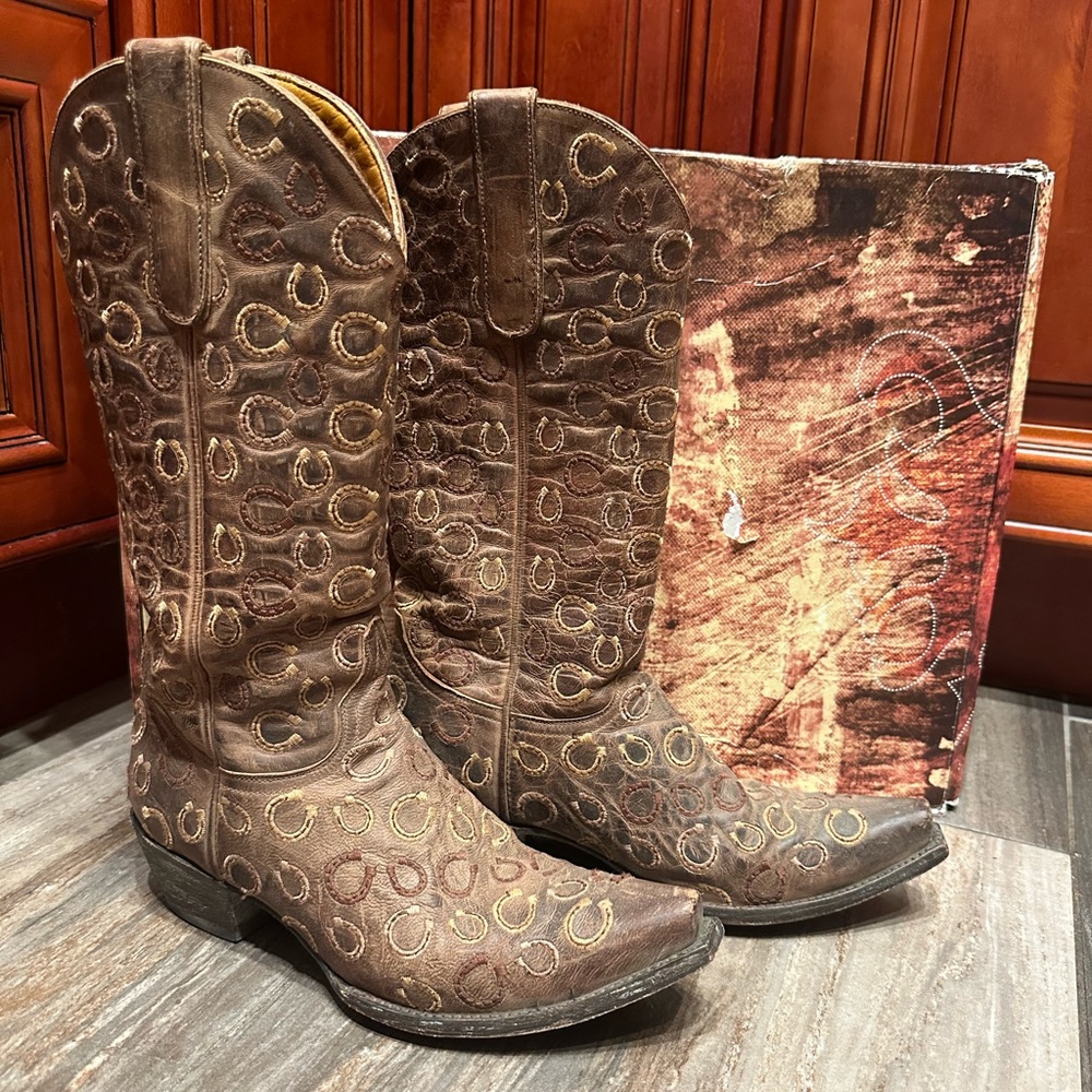 Old Gringo Horseshoe Cowboy Brown Embroidered Western Rodeo Cowboy Boots RARE